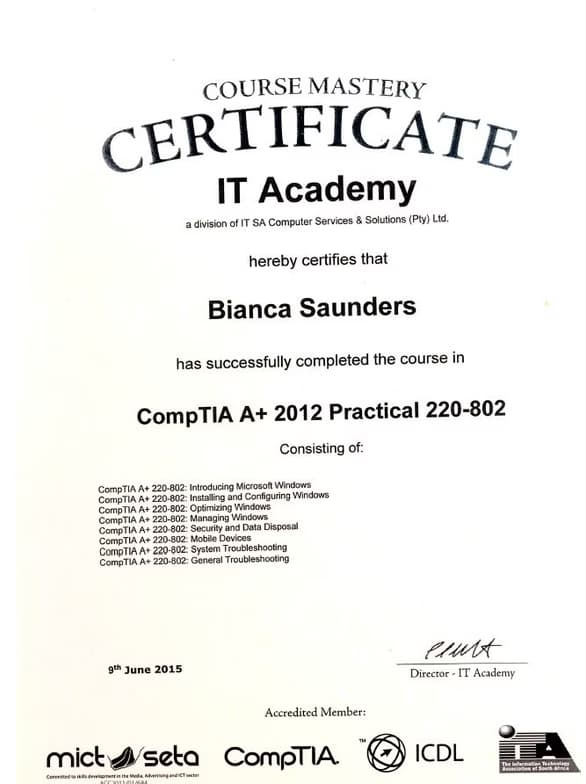 Verified degree or teaching certification of Bianca