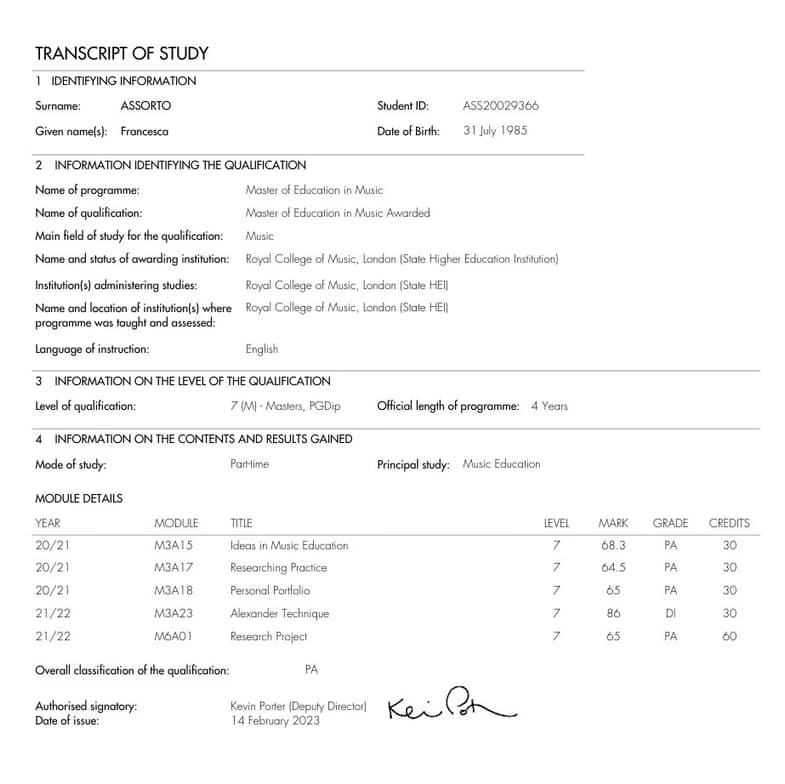Verified degree or teaching certification of Francesca 