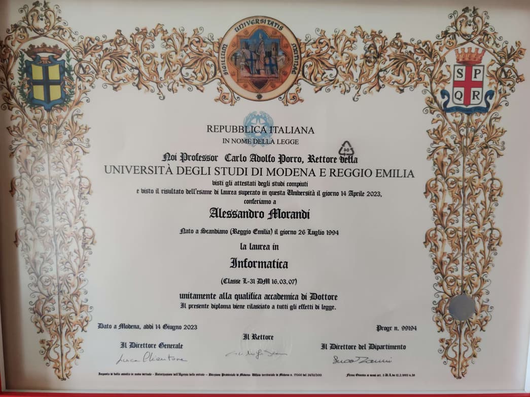 Verified degree or teaching certification of Alessandro 