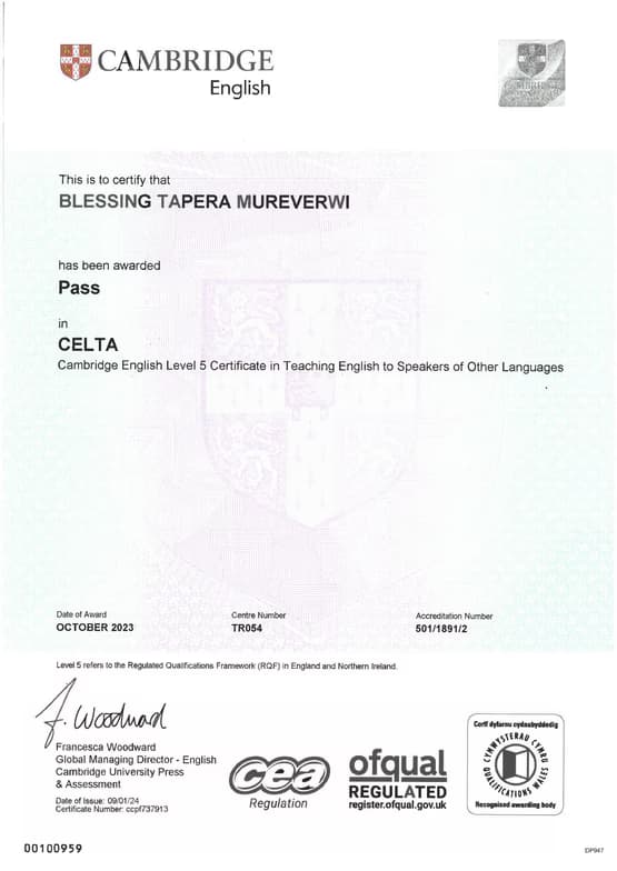 Verified degree or teaching certification of Blessing