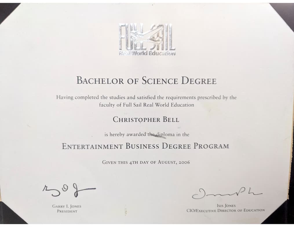 Verified degree or teaching certification of Christopher 