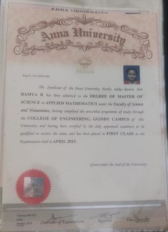 Verified degree or teaching certification of Ramya 