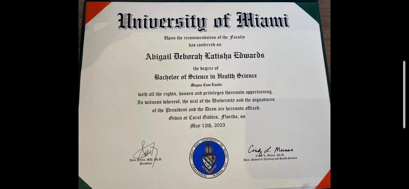 Verified degree or teaching certification of Abigail 