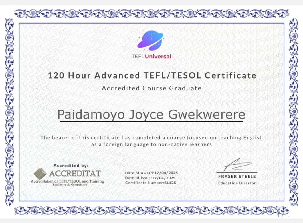 Verified degree or teaching certification of Paidamoyo Joyce 