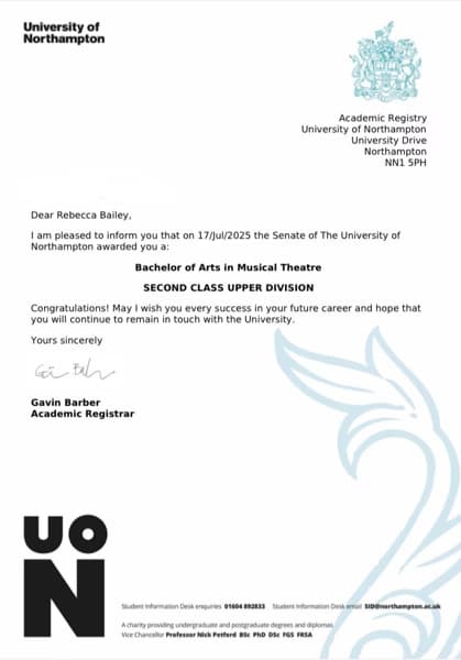 Verified degree or teaching certification of Rebecca