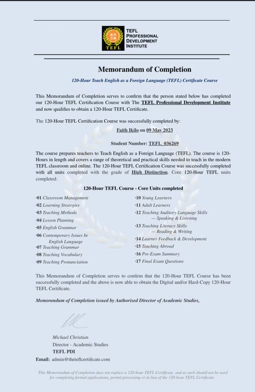 Verified degree or teaching certification of Faith 