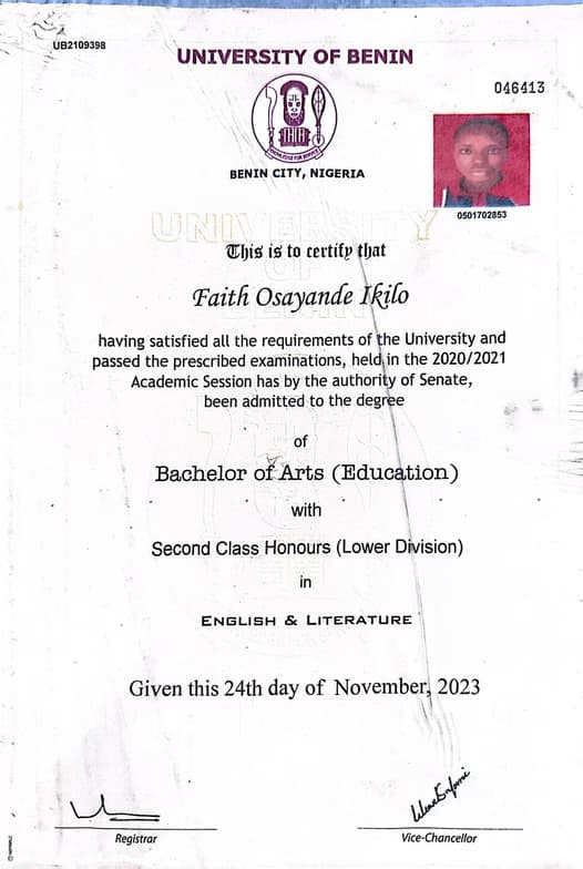 Verified degree or teaching certification of Faith 