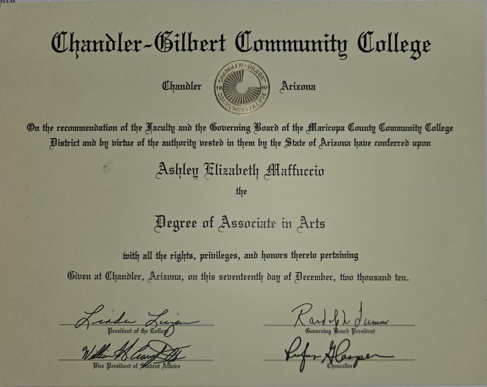 Verified degree or teaching certification of Ashley