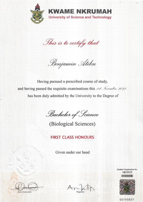 Verified degree or teaching certification of Benjamin 