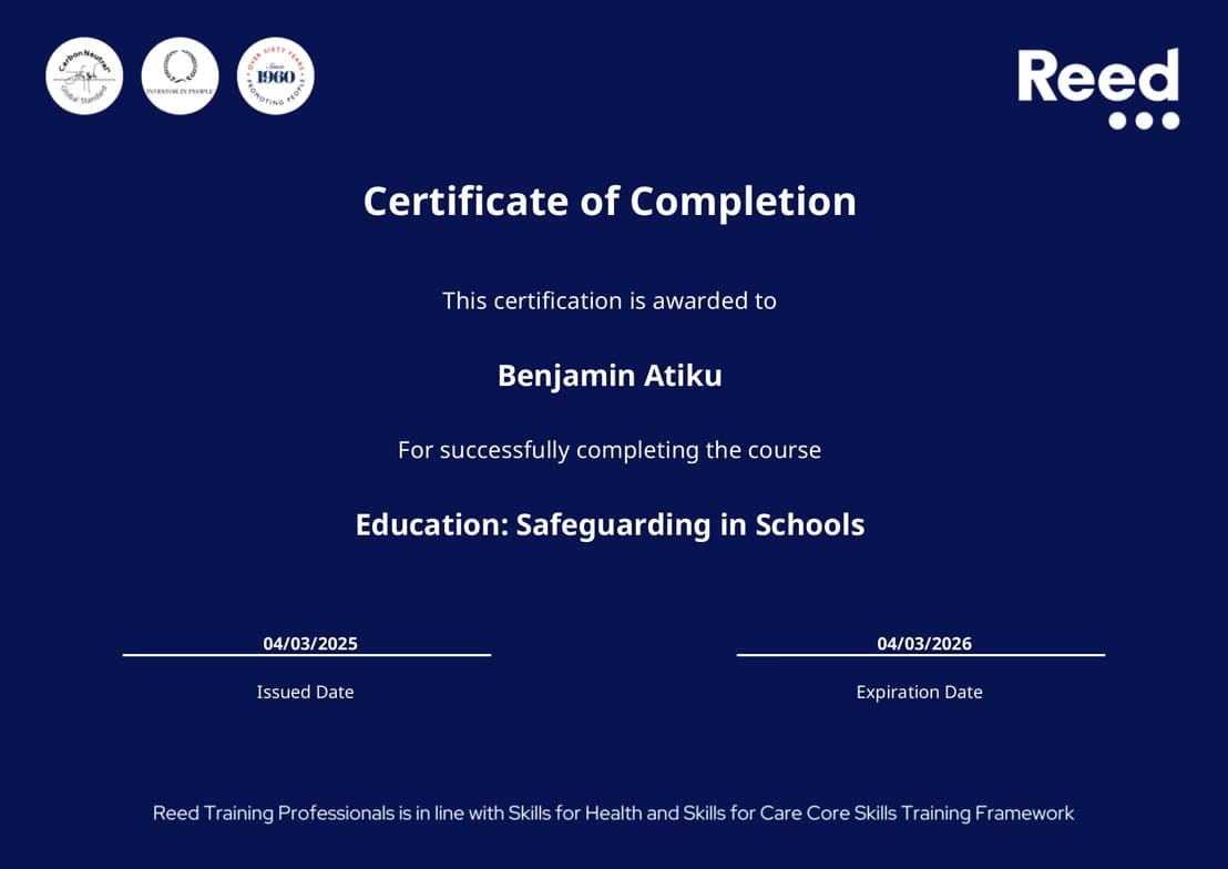 Verified degree or teaching certification of Benjamin 