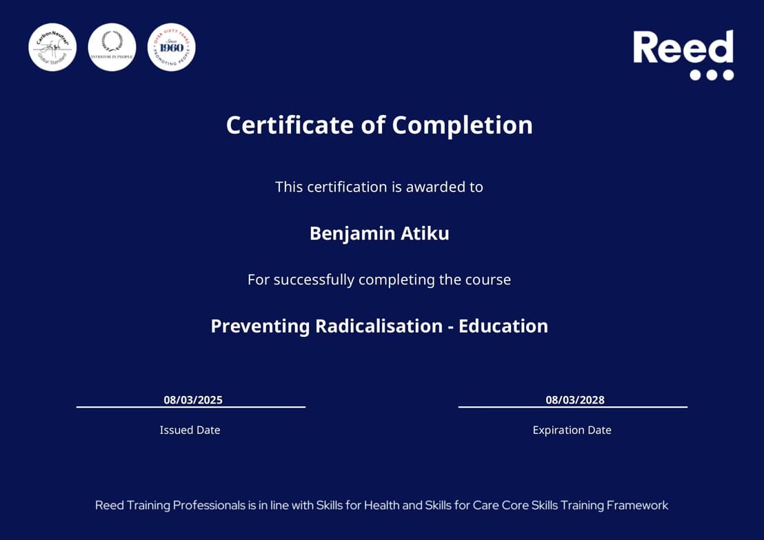 Verified degree or teaching certification of Benjamin 