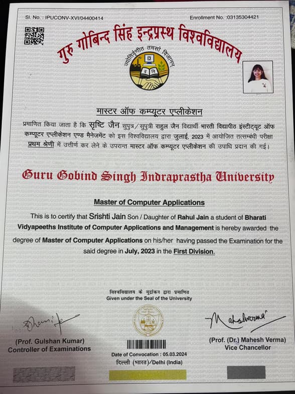 Verified degree or teaching certification of Srishti