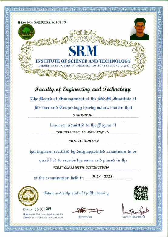 Verified degree or teaching certification of Anirudh 