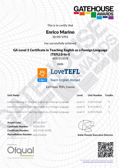 Verified degree or teaching certification of Enrico 