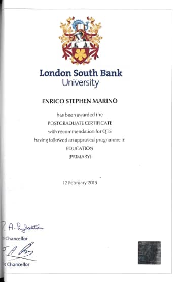 Verified degree or teaching certification of Enrico 