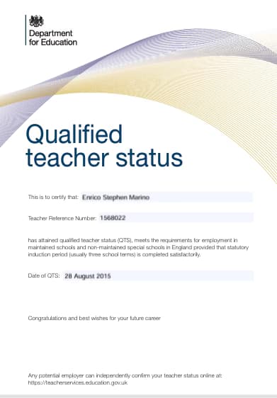 Verified degree or teaching certification of Enrico 