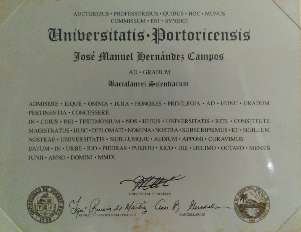 Verified degree or teaching certification of Jose 