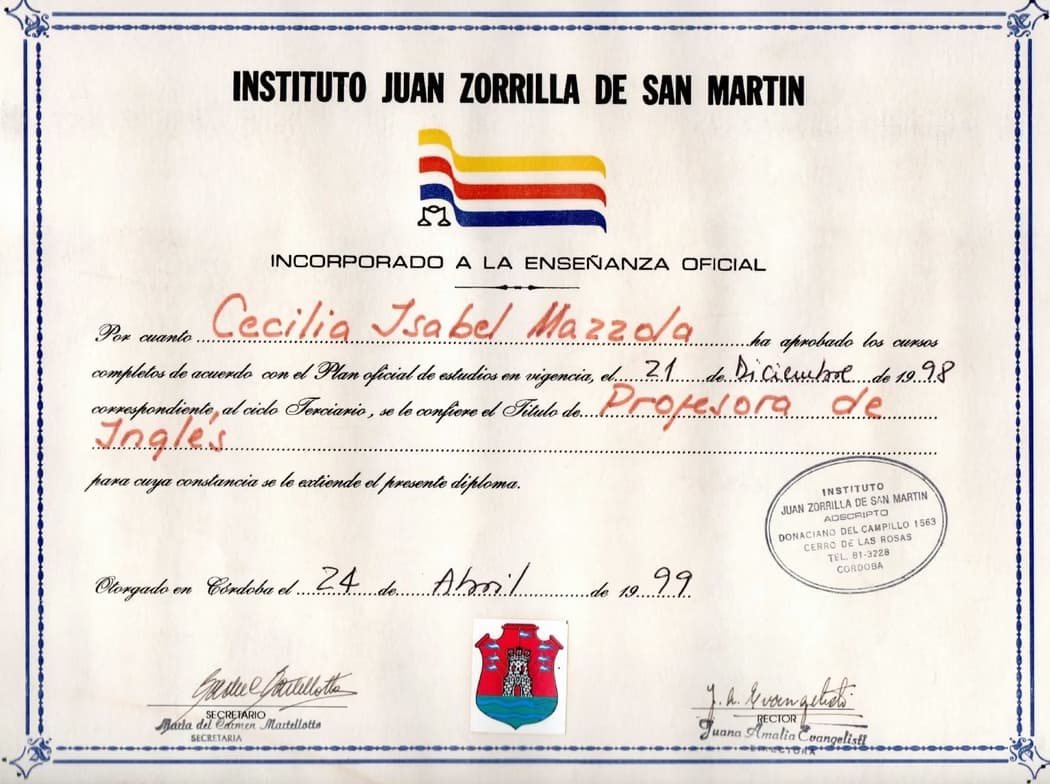 Verified degree or teaching certification of Cecilia