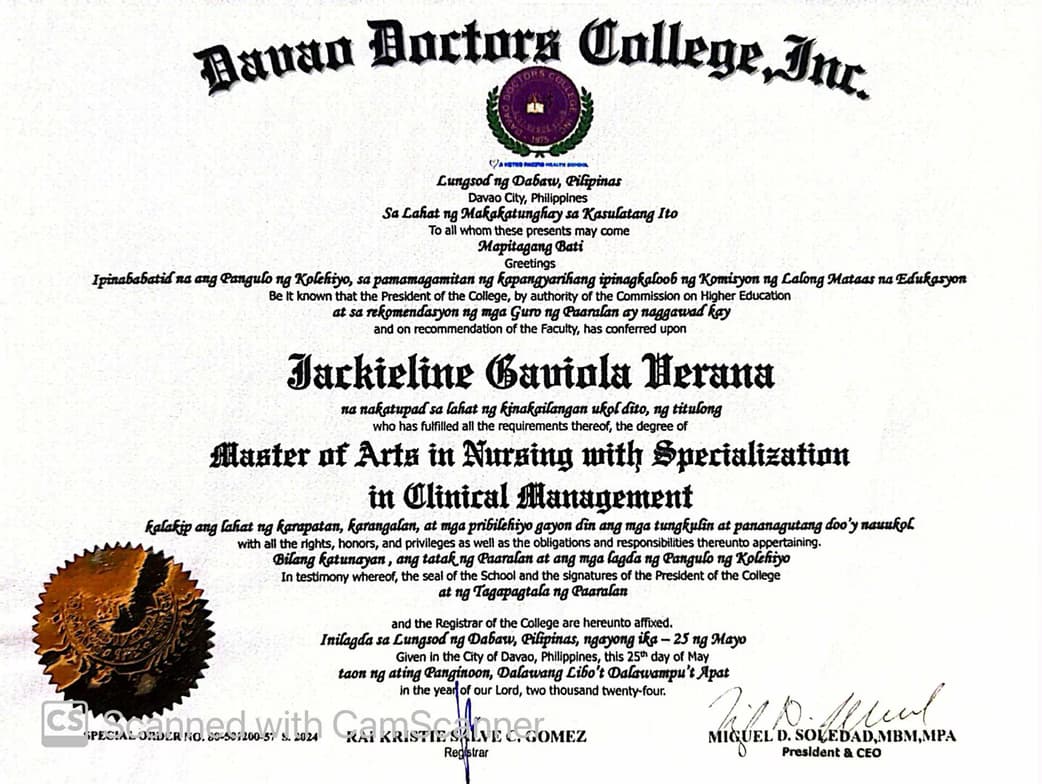 Verified degree or teaching certification of JACKIELINE 