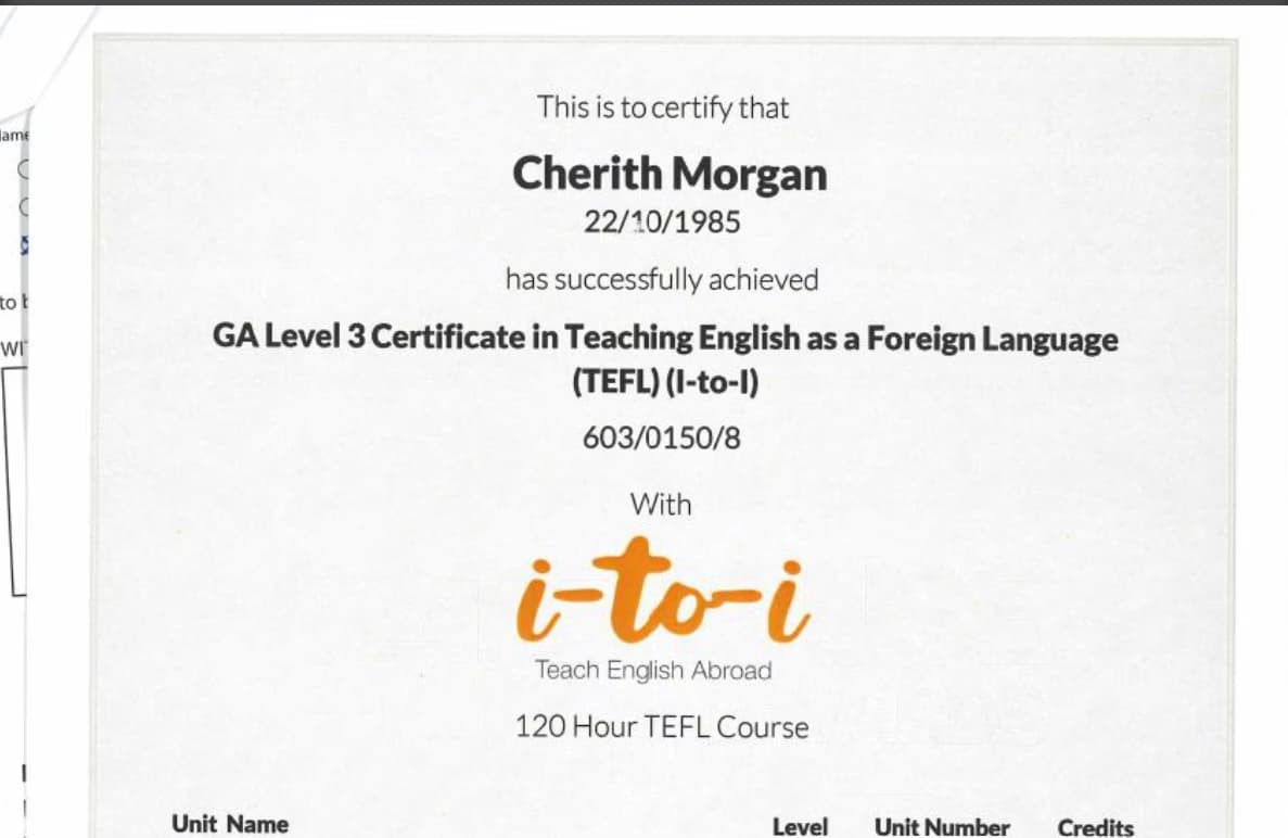 Verified degree or teaching certification of Cherith 