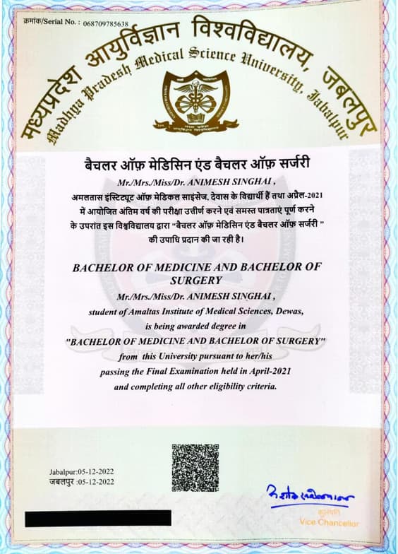 Verified degree or teaching certification of Dr. Animesh 