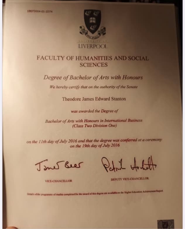 Verified degree or teaching certification of Theo 