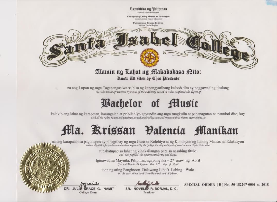 Verified degree or teaching certification of Krissan 