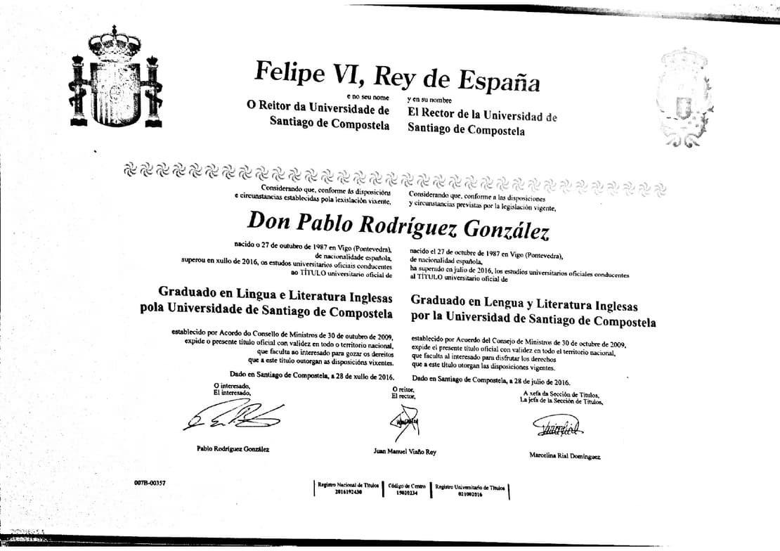 Verified degree or teaching certification of Pablo