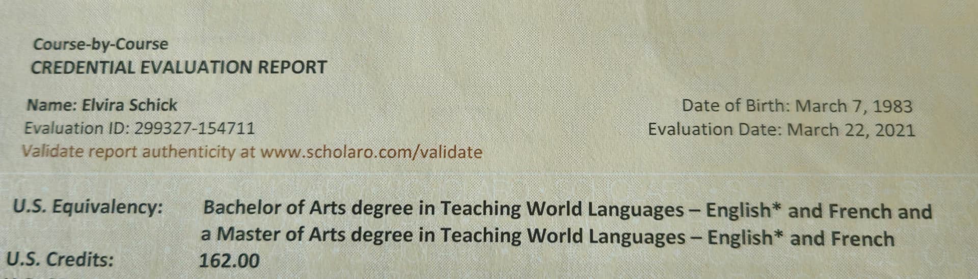 Verified degree or teaching certification of Elvira 