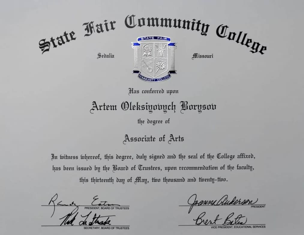 Verified degree or teaching certification of Artem