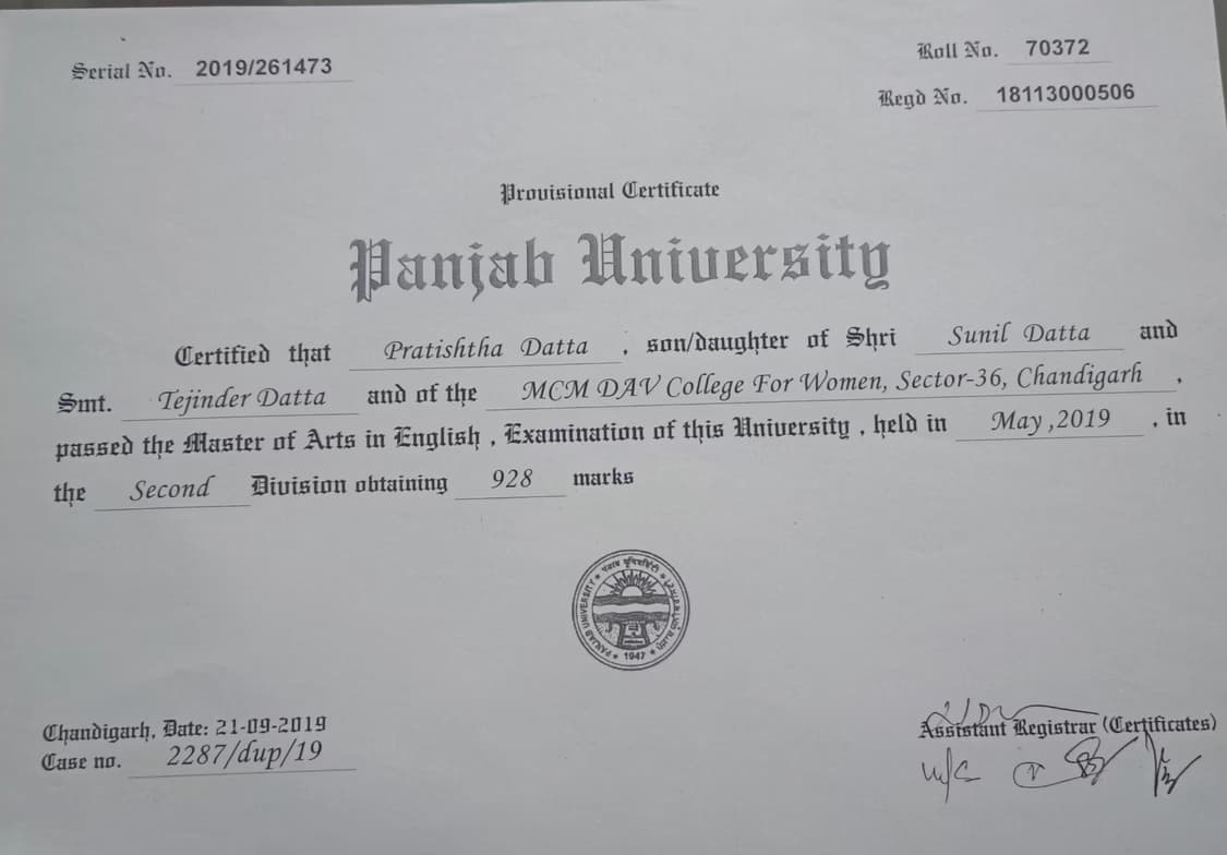 Verified degree or teaching certification of Pratishtha 