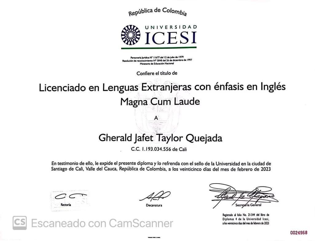 Verified degree or teaching certification of Gherald 