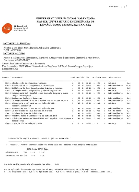 Verified degree or teaching certification of María Nargués