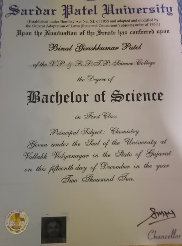 Verified degree or teaching certification of Binal  