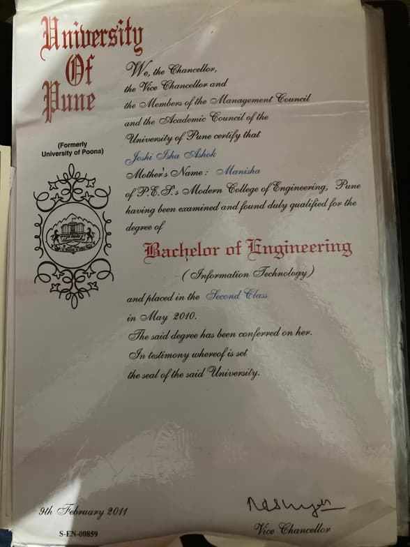 Verified degree or teaching certification of Isha 