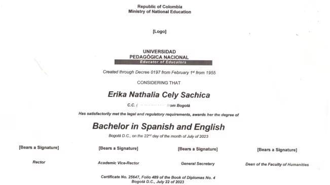 Verified degree or teaching certification of Erika 