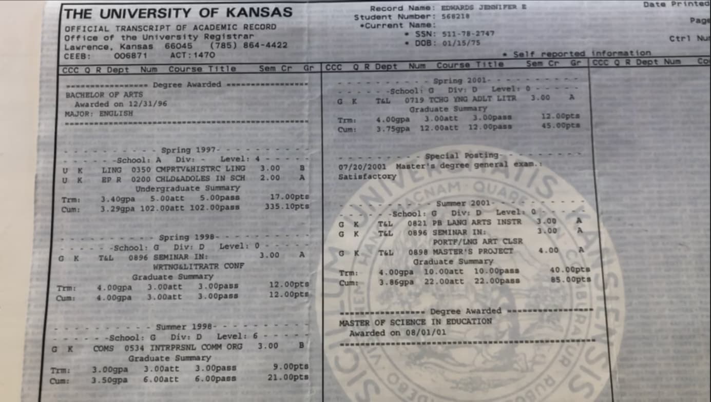 Verified degree or teaching certification of Jennifer  
