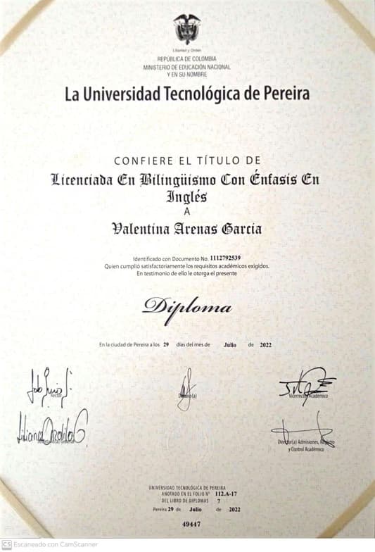 Verified degree or teaching certification of Valentina 
