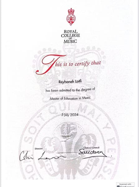 Verified degree or teaching certification of Reyhaneh