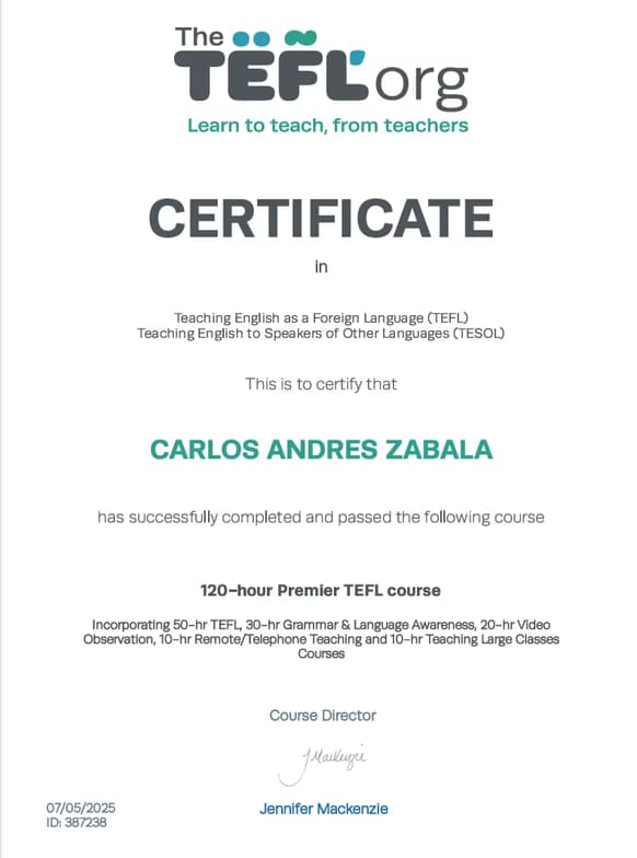Verified degree or teaching certification of Carlos 