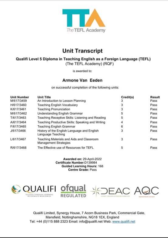 Verified degree or teaching certification of Armoné  