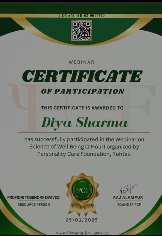 Verified degree or teaching certification of Diya  