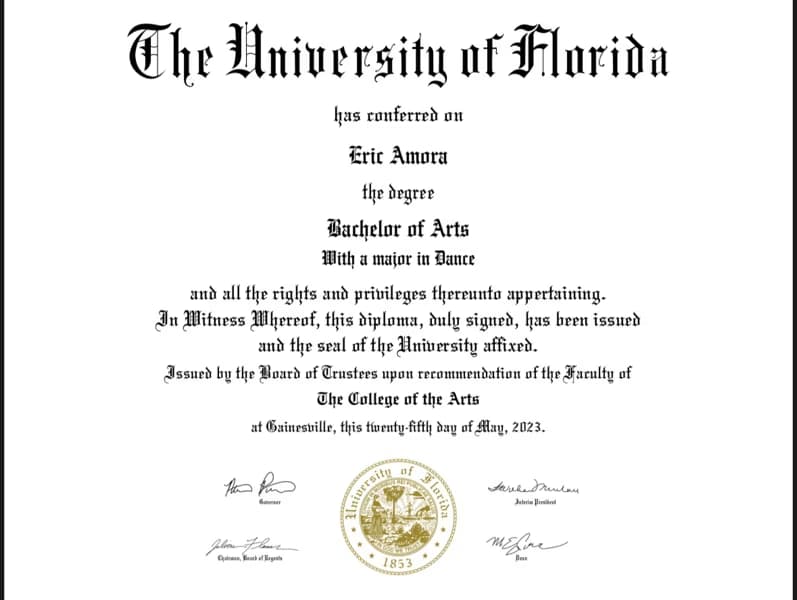 Verified degree or teaching certification of Eric 