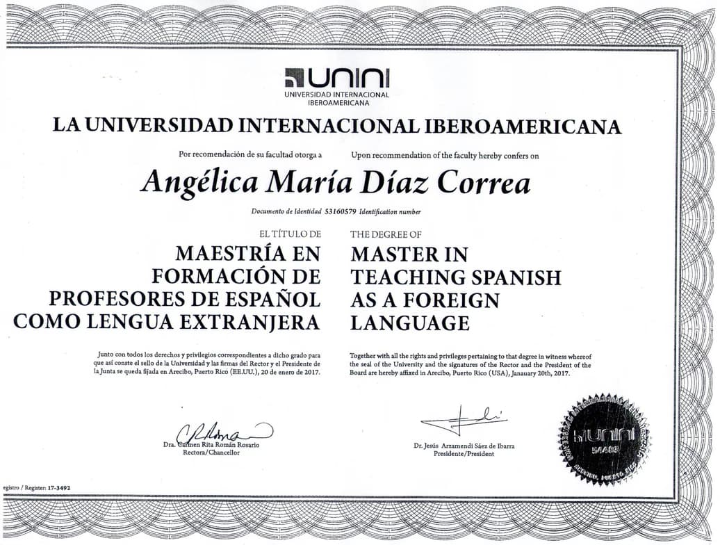 Verified degree or teaching certification of Angélica  