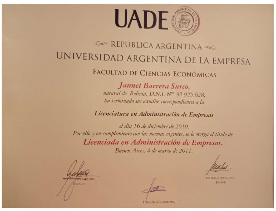 Verified degree or teaching certification of Jannet 