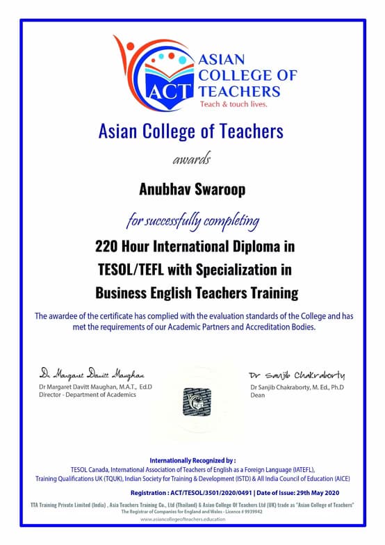 Verified degree or teaching certification of Anubhav  