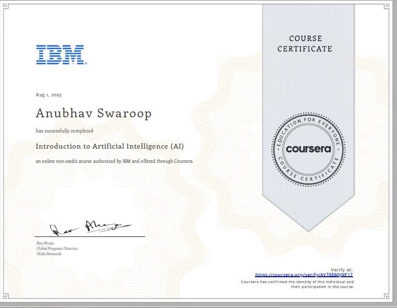 Verified degree or teaching certification of Anubhav  