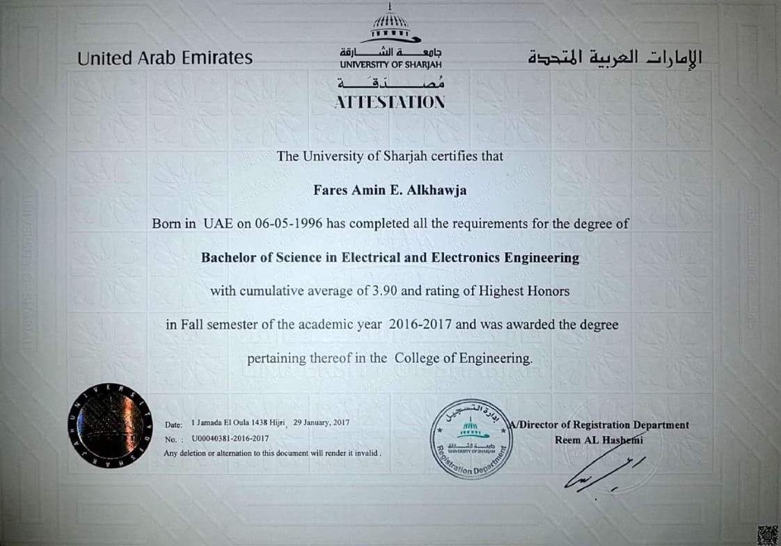 Verified degree or teaching certification of Fares