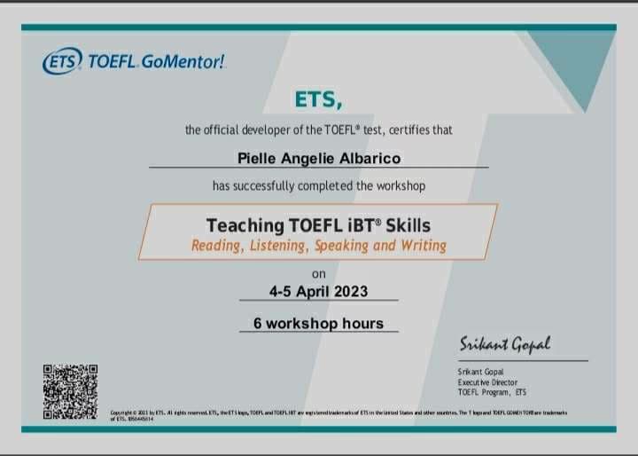 Verified degree or teaching certification of Angelie 