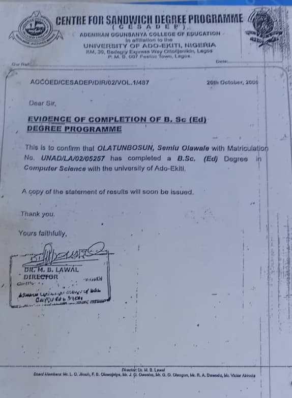 Verified degree or teaching certification of SEMIU OLAWALE